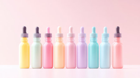 Aesthetic arrangement of colorful bottles with droppers against a soft pastel backdrop. Perfect for beauty, lifestyle, and product photography showcasing creativity.の素材