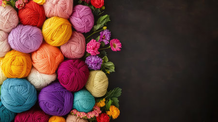 A vibrant array of colorful yarn balls arranged alongside delicate flowers on a dark background, perfect for inspiring crafting and knitting creativity.の素材