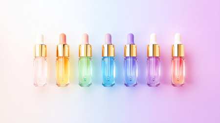 A visually stunning arrangement of colorful dropper bottles in pastel shades, ideal for beauty and skincare brands seeking elegant packaging solutions.の素材