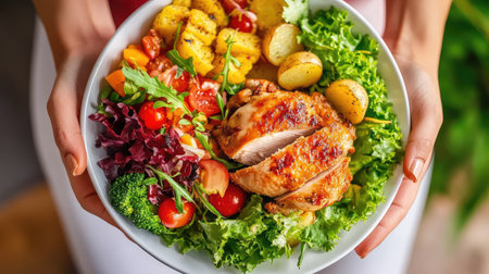 A vibrant dish featuring grilled chicken paired with fresh greens and assorted vegetables, perfect for a nutritious meal or healthy lifestyle.の素材