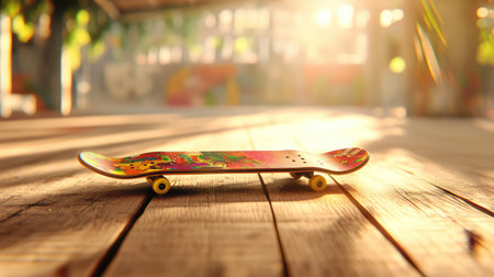 A close-up shot of a colorful skateboard resting on a wooden surface, illuminated by soft afternoon sunlight. The scene captures a sense of leisure and creativity, inviting adventure and self-expression.の素材