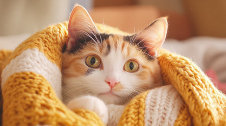 A charming calico cat rests in a cozy knit blanket, showcasing its striking eyes and soft fur. This image evokes warmth, comfort, and playfulness in a domestic setting.の素材
