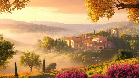 A breathtaking view of a tranquil Tuscany landscape at sunrise, featuring colorful flowers, rolling hills, and charming rural architecture, capturing natural beauty.の素材