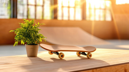 A minimalist scene featuring a skateboard on a smooth wooden table beside a thriving potted plant. The vibrant indoor skatepark is illuminated by warm sunset light, creating an inspiring atmosphere for creativity and action.の素材
