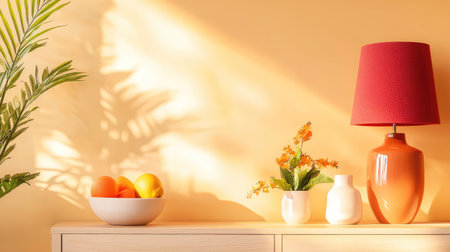 A bright living room scene featuring a cozy arrangement of fruits, a decorative lamp, and vibrant flowers against a soft yellow wall, evoking warmth.の素材