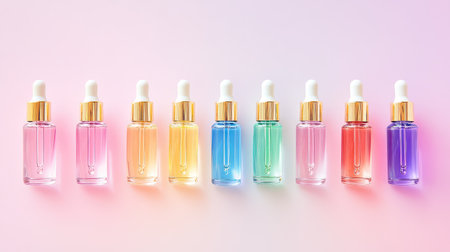 A visually striking arrangement of colorful glass bottles containing liquid skincare serum with droppers, set against a soft gradient background.の素材