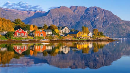 A picturesque coastal village features vibrant houses nestled along shimmering waters, surrounded by majestic mountains and lush autumn foliage, creating a serene landscape.の素材