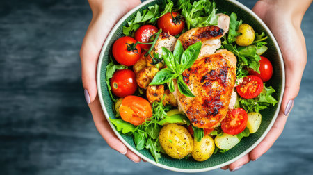 A vibrant chicken salad featuring fresh greens, tomatoes, and potatoes, presented beautifully in a bowl held by hands, symbolizing health and togetherness.の素材