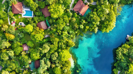 This stunning aerial photograph captures a vibrant tropical landscape featuring lush greenery, beautiful villas, and serene water bodies, ideal for travel enthusiasts.の素材