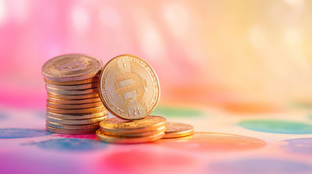 A close-up view of stacked bitcoin coins resting on a colorful background, showcasing the essence of digital currency and modern financial investment trends.の素材