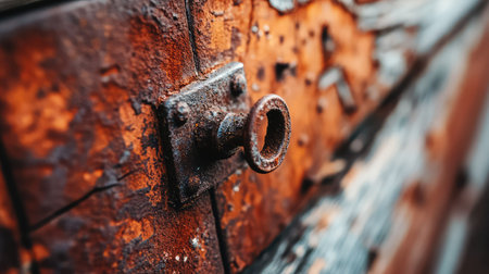 A detailed close-up of a rusty keyhole situated on a weathered wooden door. The image captures the textures and patina of both metal and wood, evoking a sense of history and rustic charm.の素材