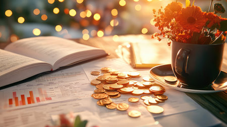 A cozy workspace featuring an open book, financial documents, scattered coins, a steaming coffee cup, and vibrant flowers, all bathed in warm light.の素材