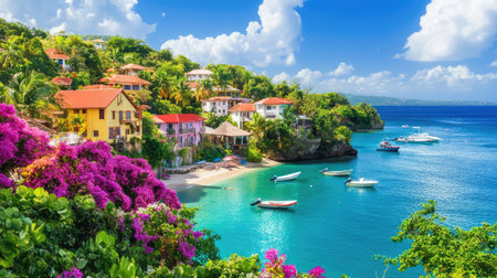 This stunning image captures a vibrant coastal village in the Caribbean, showcasing colorful houses nestled in lush greenery beside crystal-clear waters.の素材