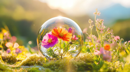 A mesmerizing scene featuring colorful flowers encapsulated in a transparent glass sphere, set against a soft, natural backdrop illuminated by morning light.の素材
