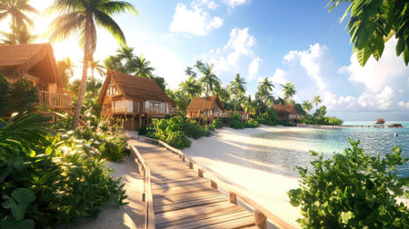 Experience a serene tropical paradise featuring a charming wooden walkway leading to beautiful beach bungalows. Surrounded by lush palm trees, clear blue water, and vibrant greenery, this scenic landscape is perfect for relaxation and escape.の素材