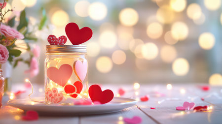 A charming scene featuring a jar filled with colorful hearts and lights, creating a romantic atmosphere perfect for Valentineの素材
