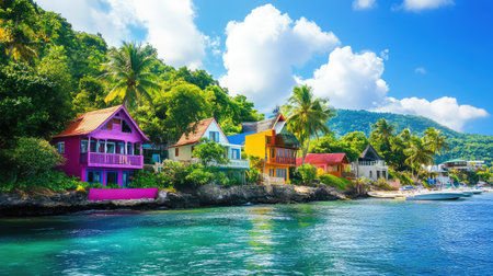 Vibrant tropical houses line the waterfront, surrounded by lush greenery and clear blue waters, creating a picturesque vacation setting under a sunny sky.の素材