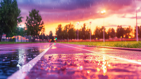 A striking urban running track glistens under the rain at sunset, showcasing colorful reflections on the drenched pavement. The scene captures the beauty of nature and tranquility in a vibrant moment.の素材