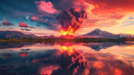 A breathtaking view of a volcano erupting, showcasing bright lava and dramatic ash clouds against a colorful sunset reflected in a tranquil lake.の素材