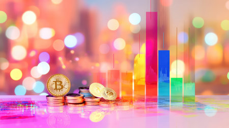 Vibrant image featuring Bitcoin coins and a rising financial graph overlaid with a blurred colorful background. This scene symbolizes the dynamic world of cryptocurrency and market investments.の素材