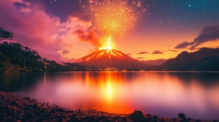A stunning view of a volcanic eruption at dusk, showcasing lava illuminated by a starry sky, reflecting beautifully on calm lake waters.の素材
