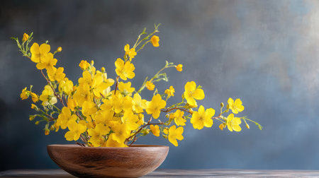 A stunning arrangement of vibrant yellow flowers gracefully placed in a wooden bowl, set against a calming blue background. Perfect for showcasing nature's beauty.の素材