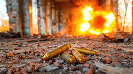 A dramatic scene captures spent bullet casings scattered on the ground, with a fiery explosion in the background highlighting chaos and destruction.の素材