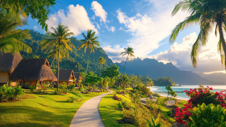 Idyllic scene of a tropical paradise featuring lush greenery, charming beachfront villas, and majestic mountains under a bright blue sky. Perfect for vacation inspiration.の素材