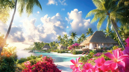 Experience the serene beauty of a tropical paradise featuring vibrant flowers, palm trees, and calm water under a bright blue sky. Perfect for relaxation.の素材