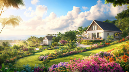 A picturesque coastal landscape showcasing charming homes amidst lush gardens filled with vibrant flowers, under a bright blue sky, creating a tranquil escape.の素材