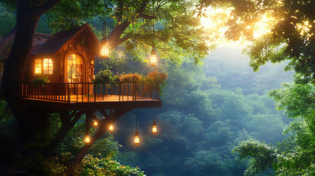 This captivating image features a charming treehouse surrounded by vibrant greenery, with warm lanterns creating a soothing ambiance at sunset, perfect for relaxation and adventure.の素材