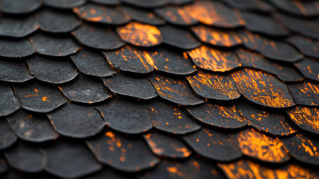 This high-resolution close-up showcases textured black and orange roof shingles, featuring worn surfaces and intricate patterns ideal for architectural projects.の素材