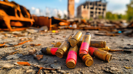 Vibrant shotgun shells rest on a gritty surface within an abandoned urban setting, featuring broken buildings and scattered debris, capturing neglect and history.の素材