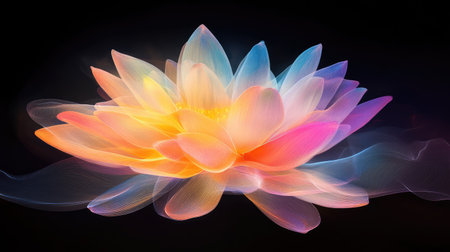 This stunning image features an ethereal lotus flower radiating vibrant colors against a dark backdrop. Its soft petals create a serene and dreamy visual experience.の素材