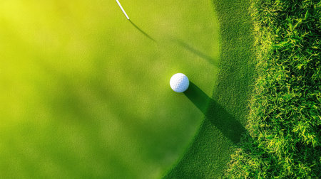 This close-up image captures a golf ball resting on lush green turf, accompanied by a putter and casting shadows under bright sunlight, perfect for sports themes.の素材