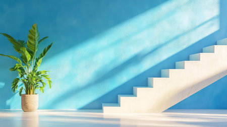 A bright interior scene featuring a striking blue wall, a minimalist staircase, and a lush potted plant, creating a serene and inviting atmosphere.の素材