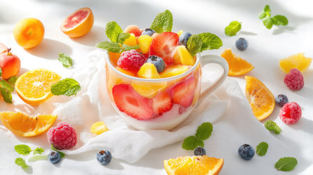 A vibrant and fresh fruit salad featuring strawberries, blueberries, and mint leaves served in a white bowl, perfect for healthy snacking or summer gatherings.の素材