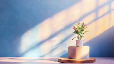 A serene indoor scene featuring a vibrant plant arrangement on a minimalist stand. Soft shadows and warm light create an inviting atmosphere perfect for modern decor.の素材