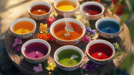 A captivating arrangement of colorful herbal teas in ceramic bowls, surrounded by fresh flowers and wisps of smoke. Ideal for wellness and relaxation.の素材