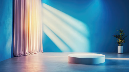 A serene and modern studio space featuring blue walls, dramatic lighting, and a circular podium, perfect for artistic presentations and showcases.の素材