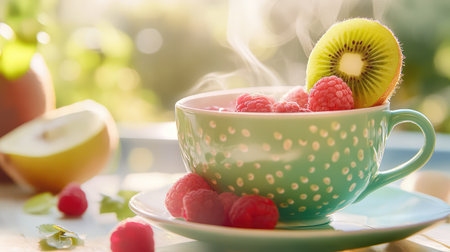 A vibrant teacup filled with steaming fruit tea, featuring fresh raspberries and a slice of kiwi against a sunlit background, ideal for wellness moments.の素材