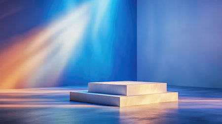 A striking modern minimalist podium set against a captivating background with soft light accents in blue and orange hues, ideal for presentations or exhibitions.の素材
