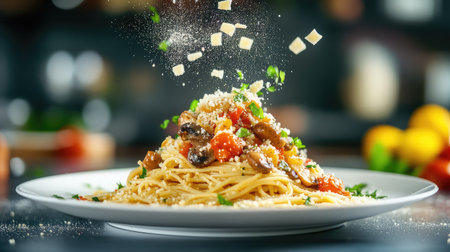 A mouthwatering plate of spaghetti topped with fresh tomatoes, mushrooms, herbs, and cheese, showcasing culinary artistry in an appetizing presentation.の素材