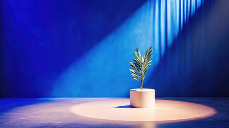This artistic image features a single potted plant in a spotlight on a minimalist stage. The vibrant blue wall adds depth, creating a tranquil ambiance.の素材