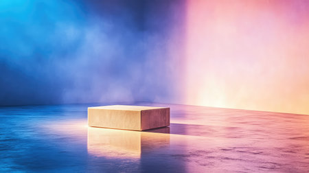 A captivating abstract scene featuring a reflective cube sitting on a glossy surface, surrounded by colorful light and smoke for artistic inspiration.の素材