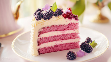 A beautifully crafted slice of purple layer cake garnished with fresh blackberries and delicate whipped cream, perfect for any celebration or gathering.の素材