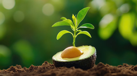 A fresh avocado half reveals a seed from which a vibrant green sprout emerges, set against a backdrop of rich soil, symbolizing new growth and vitality.の素材