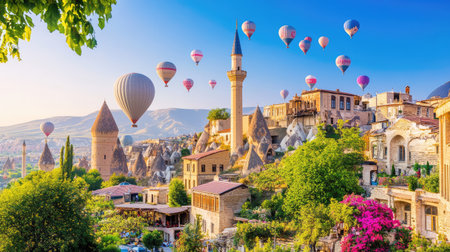 Witness the breathtaking beauty of Cappadocia at sunrise, where colorful hot air balloons float gracefully over historic rock formations and charming villages.の素材