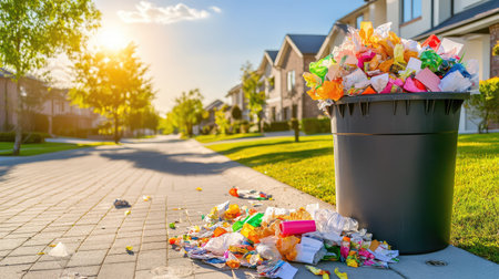 A vibrant evening scene featuring an overflowing trash bin on a suburban street, with colorful litter scattered on the walkway. Sunlight filters through trees, setting a contrast against the urban setting.の素材