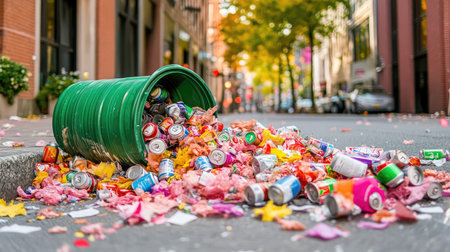 A vibrant scene of a green trash bin tipped over on a city street, spilling colorful leaves and soda cans, capturing the essence of urban litter during autumn.の素材